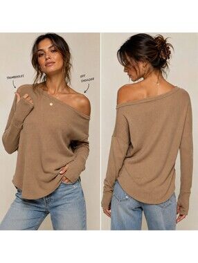 Free People We The Free Off Shoulder Thermal Top L Thumbhole Waffle Knit Tan